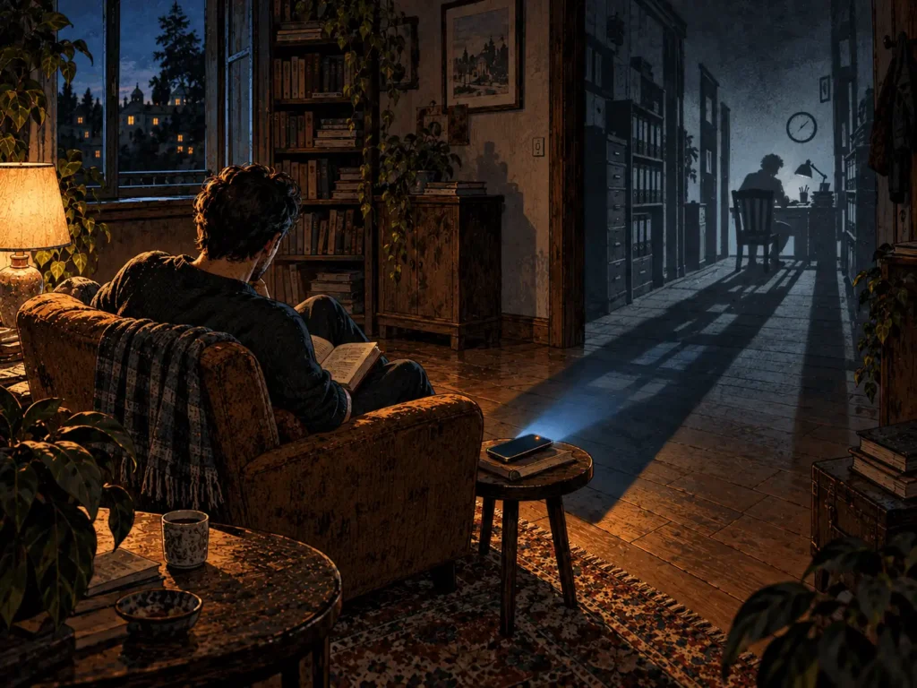 Ombra di un ufficio invade lo spazio domestico attraverso uno smartphone illuminato