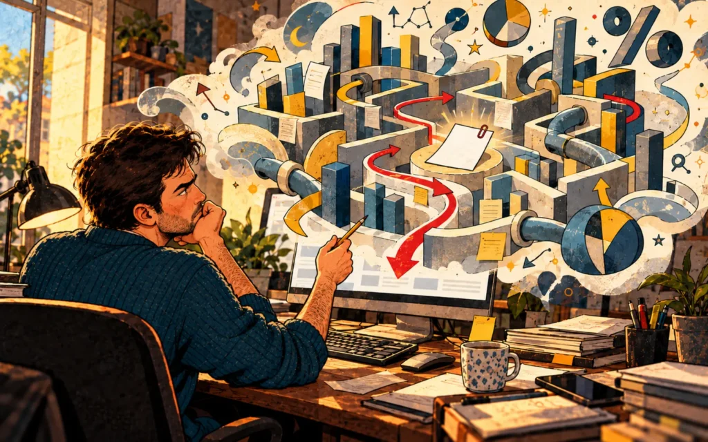 Una dashboard aziendale illustrata come un labirinto di grafici, tubi e simboli astrologici.