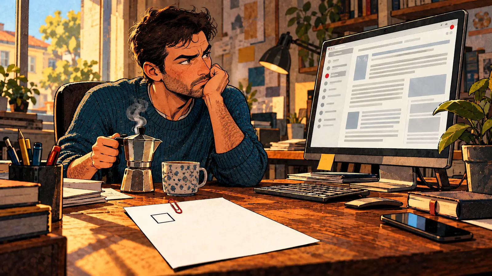 Una persona legge una mail di lavoro al portatile, con una moka sulla scrivania.