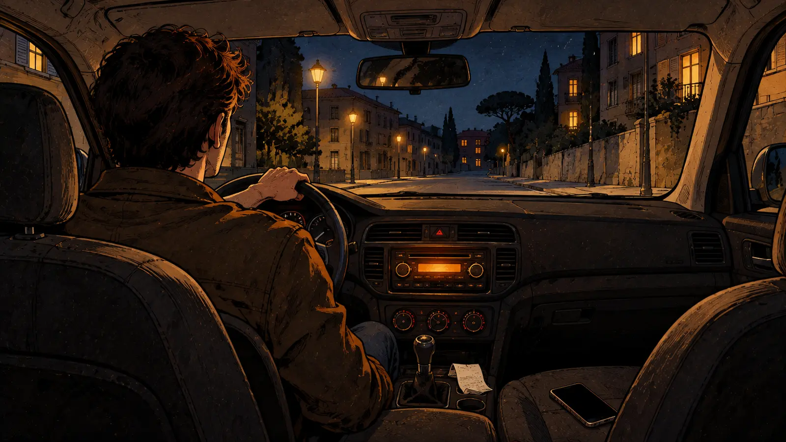 Persona sola in auto di notte ascolta musica, con un telefono appoggiato nell’abitacolo.