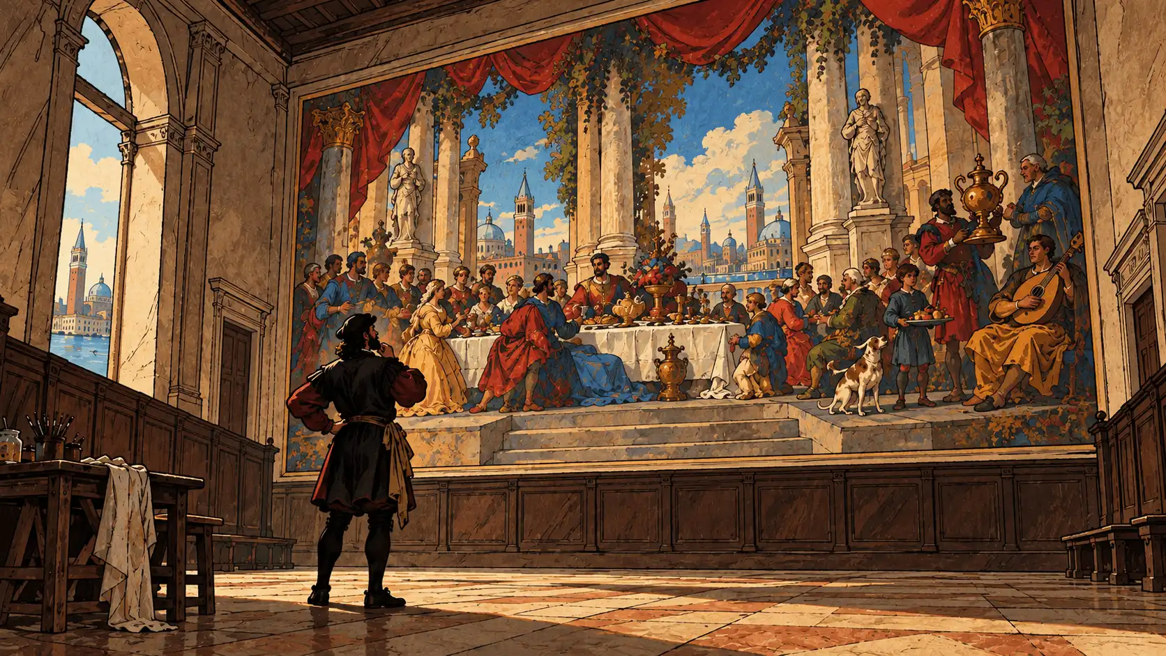 Illustrazione del refettorio di San Giorgio Maggiore a Venezia con la grande tela delle Nozze di Cana sulla parete di fondo.