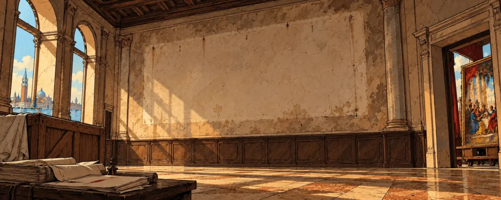 Illustrazione del refettorio di San Giorgio Maggiore con la parete lasciata vuota dopo la rimozione delle Nozze di Cana.